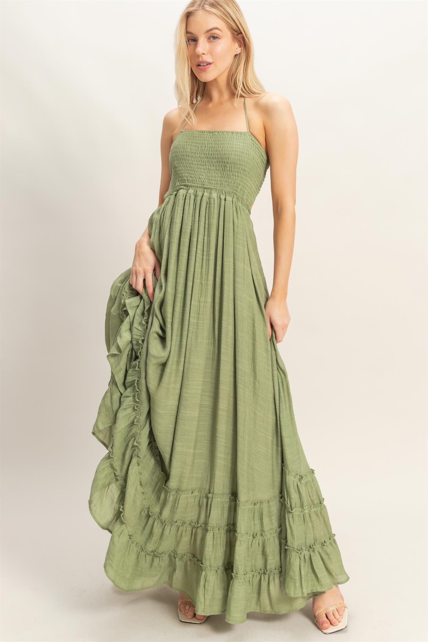 ivy olive sleeveless smocked maxi dress strapless open back dress Ivy Olive Sleeveless Smocked Maxi Dress