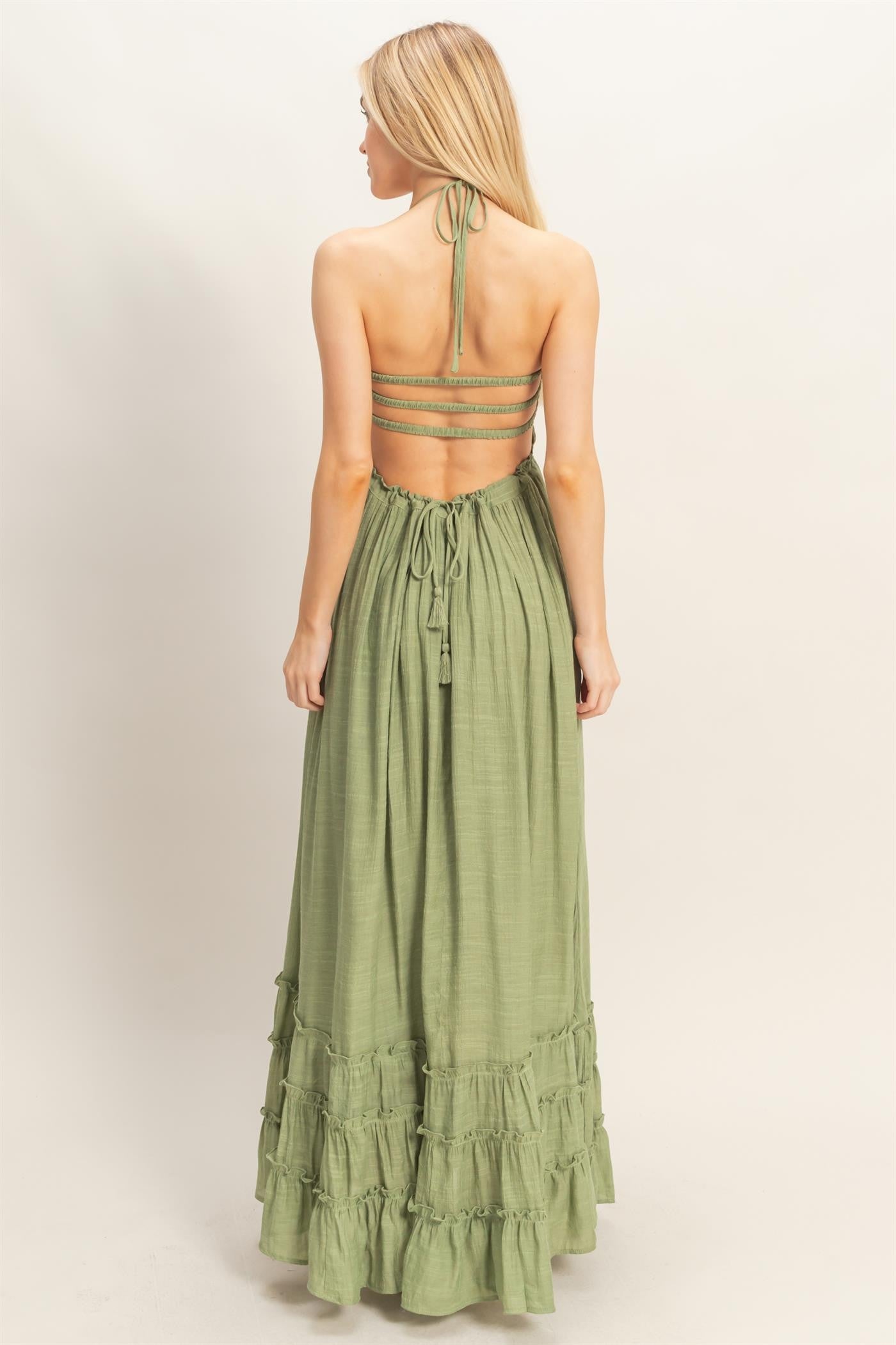 Light Olive Smocked Halter Open Back Maxi Dress