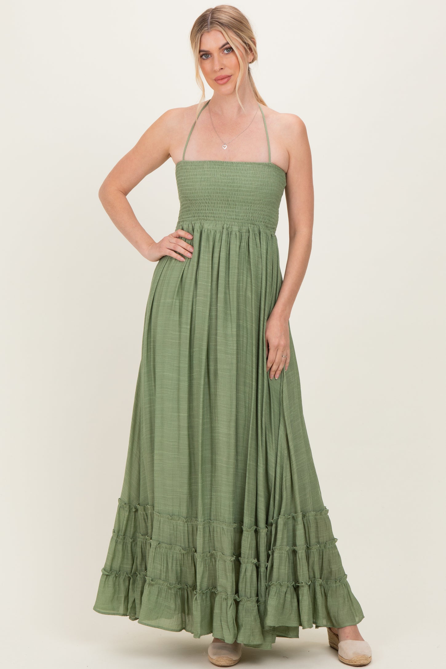 Light Olive Smocked Halter Open Back Maxi Dress