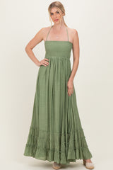 Light Olive Smocked Halter Open Back Maxi Dress