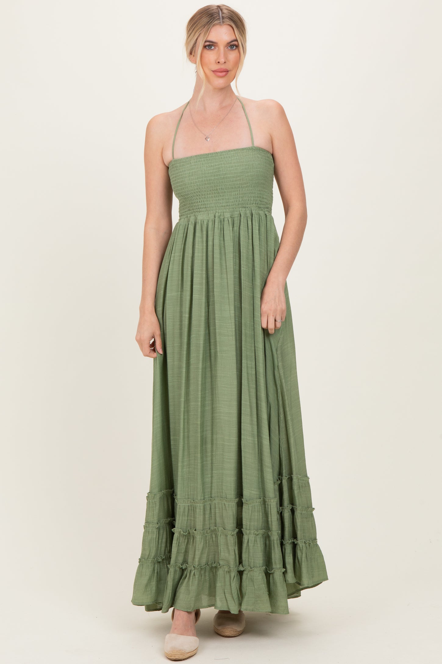 Light Olive Smocked Halter Open Back Maxi Dress