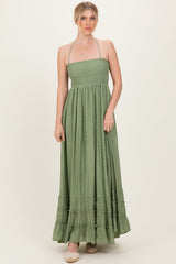 Light Olive Smocked Halter Open Back Maxi Dress