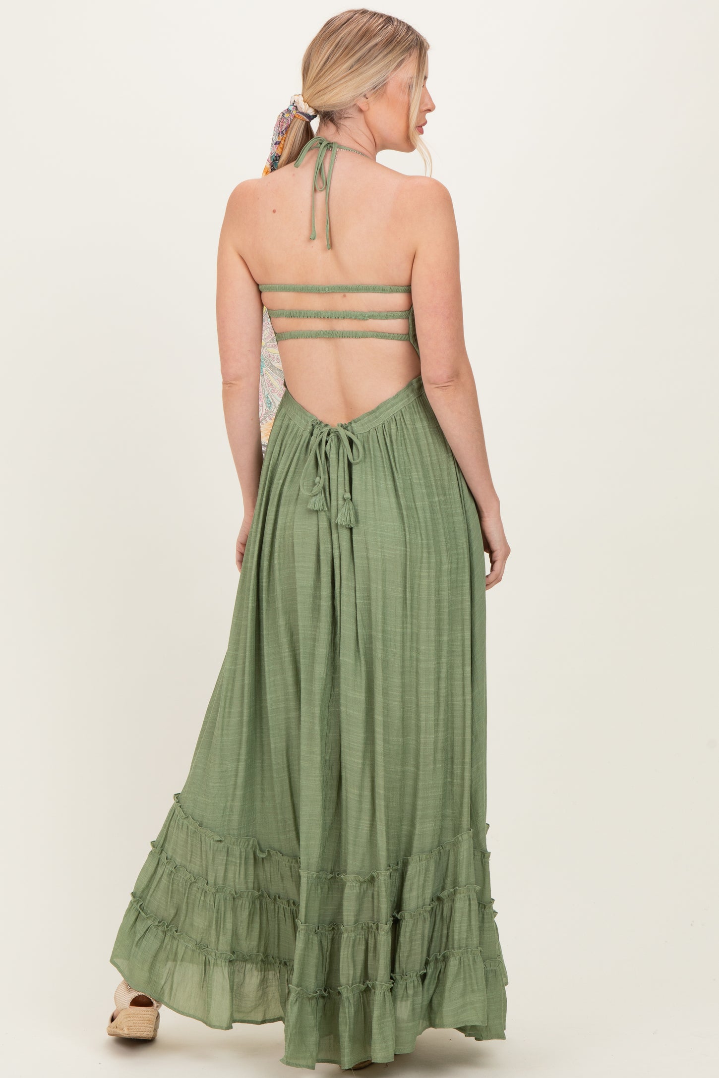 Light Olive Smocked Halter Open Back Maxi Dress Light Olive Smocked Halter Open Back Maxi Dress