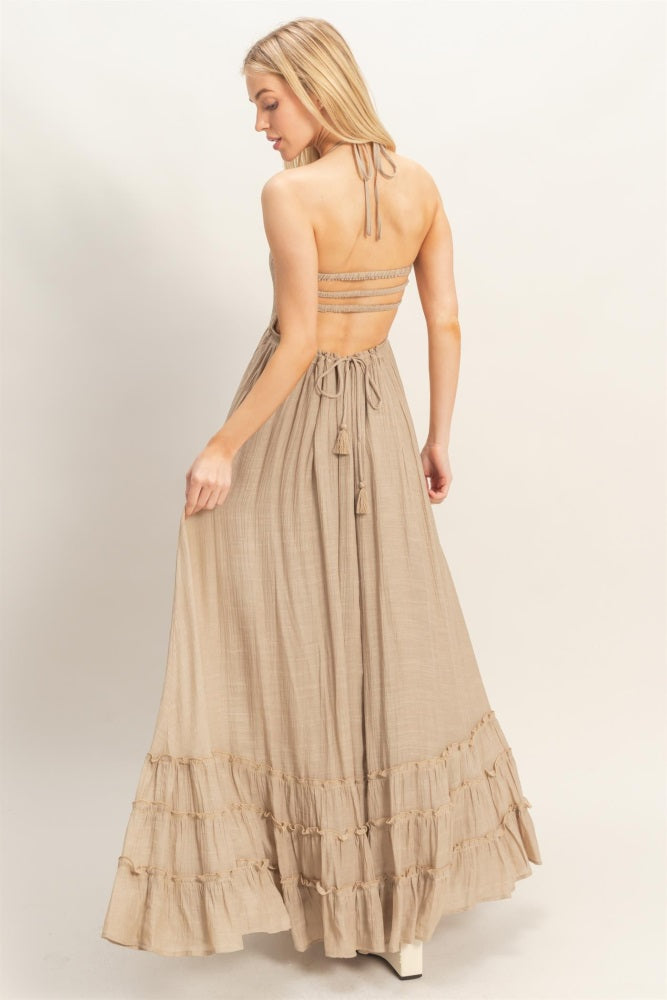 smocked back dress Women Cinch Waist Short Sleeve Beige Smocked Halter Open Back