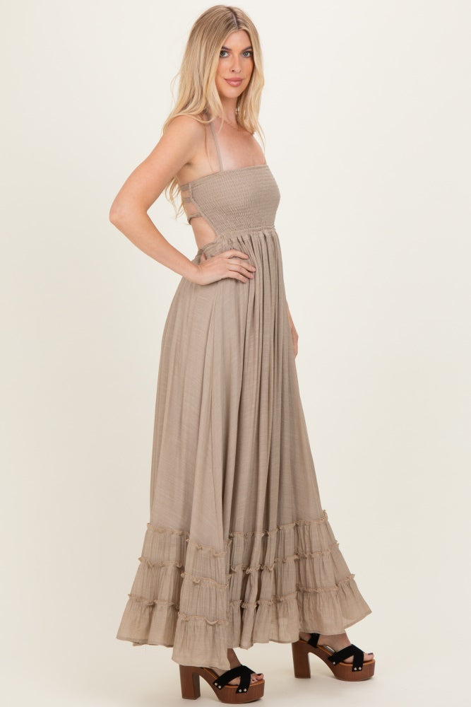 Beige Smocked Halter Open Back Maxi Dress Beige Smocked Halter Open Back Maxi Dress