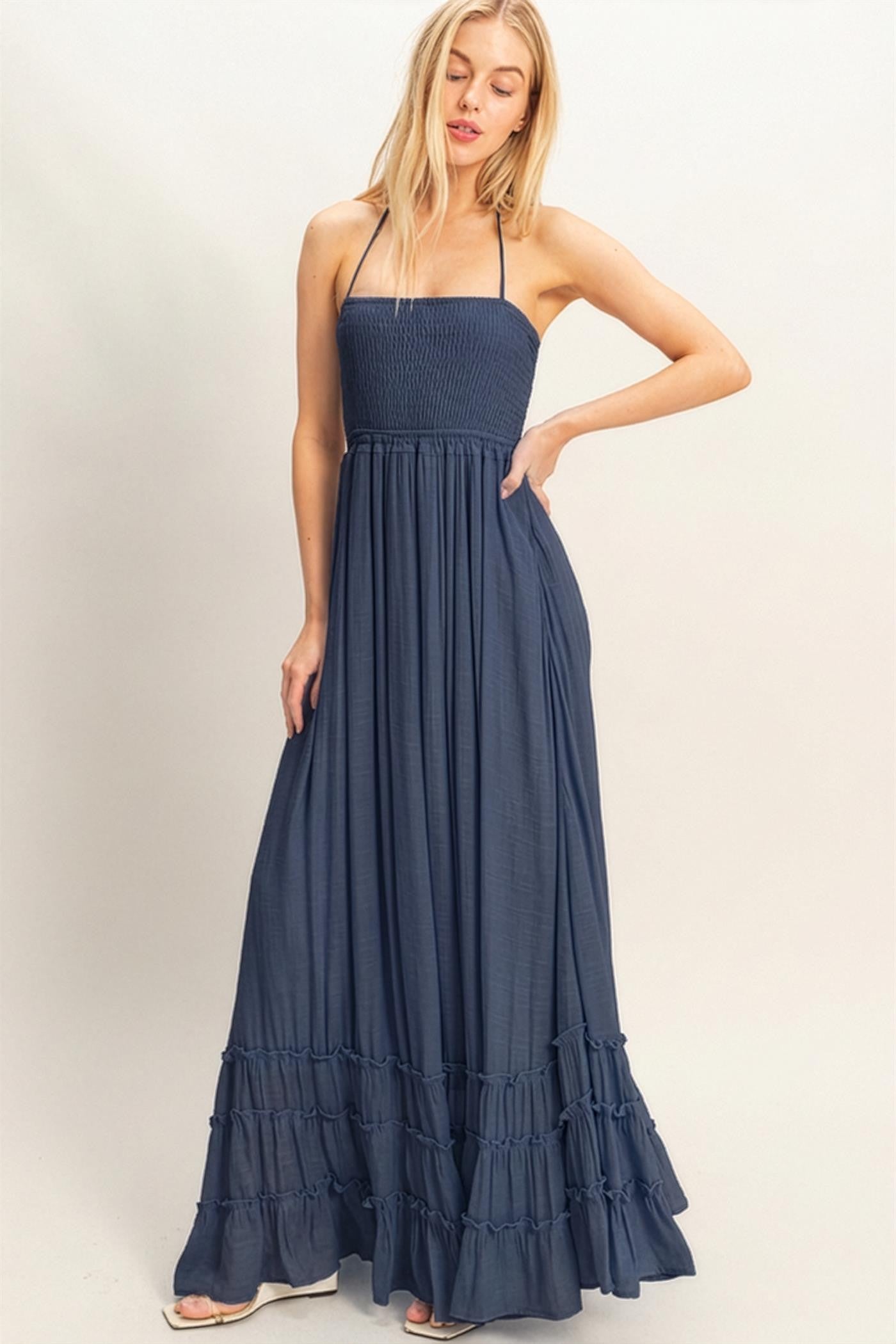 smocked halter maxi dress Taupe Smocked Halter Maxi Dress L
