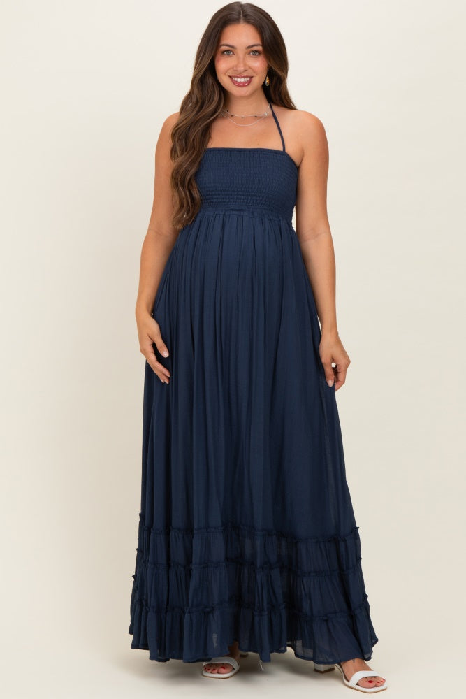 Navy Smocked Halter Open Back Maternity Maxi Dress – PinkBlush