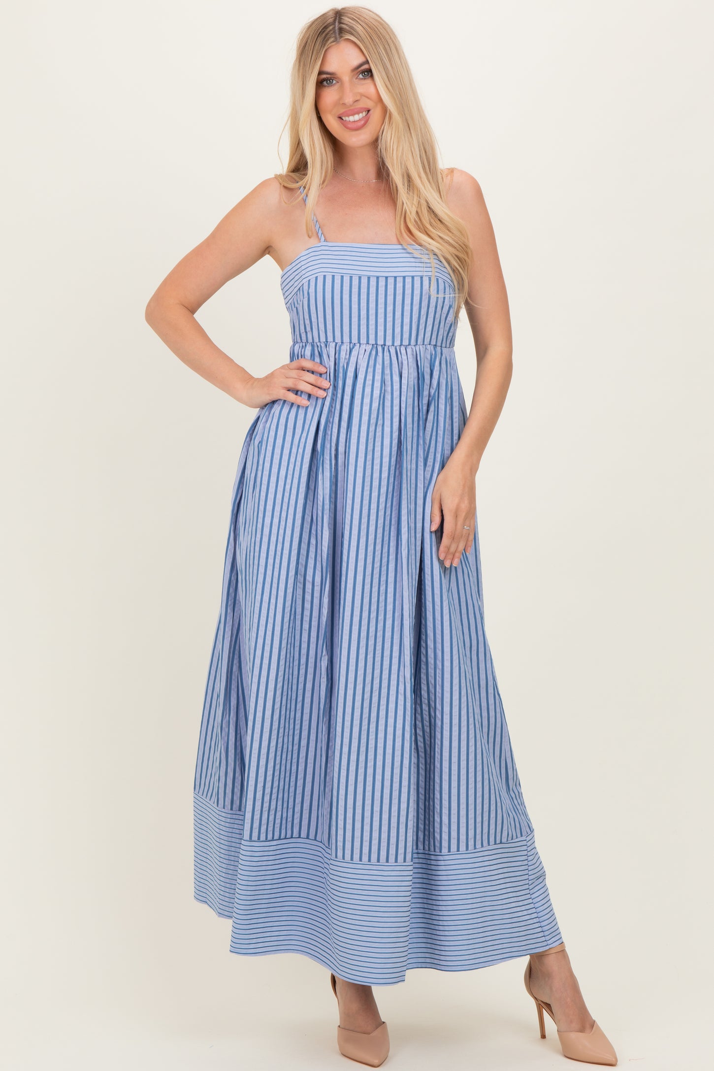 Blue Mixed Stripe Sleeveless Maxi Dress
