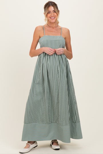 Olive Mixed Stripe Sleeveless Maternity Maxi Dress