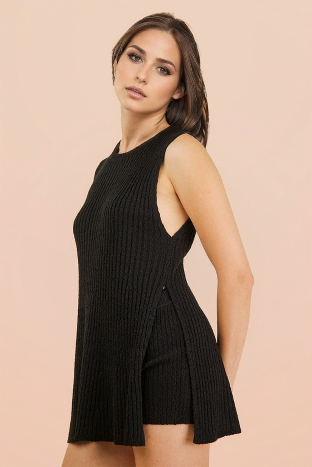 Black Knit Sleeveless Top Shorts Set