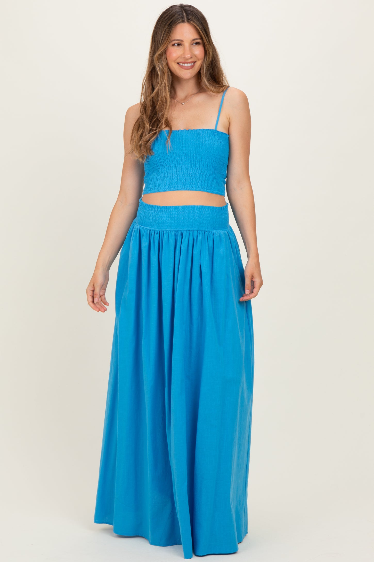 Blue Smocked Tank Maxi Skirt Maternity Set