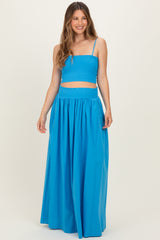 Blue Smocked Tank Maxi Skirt Maternity Set