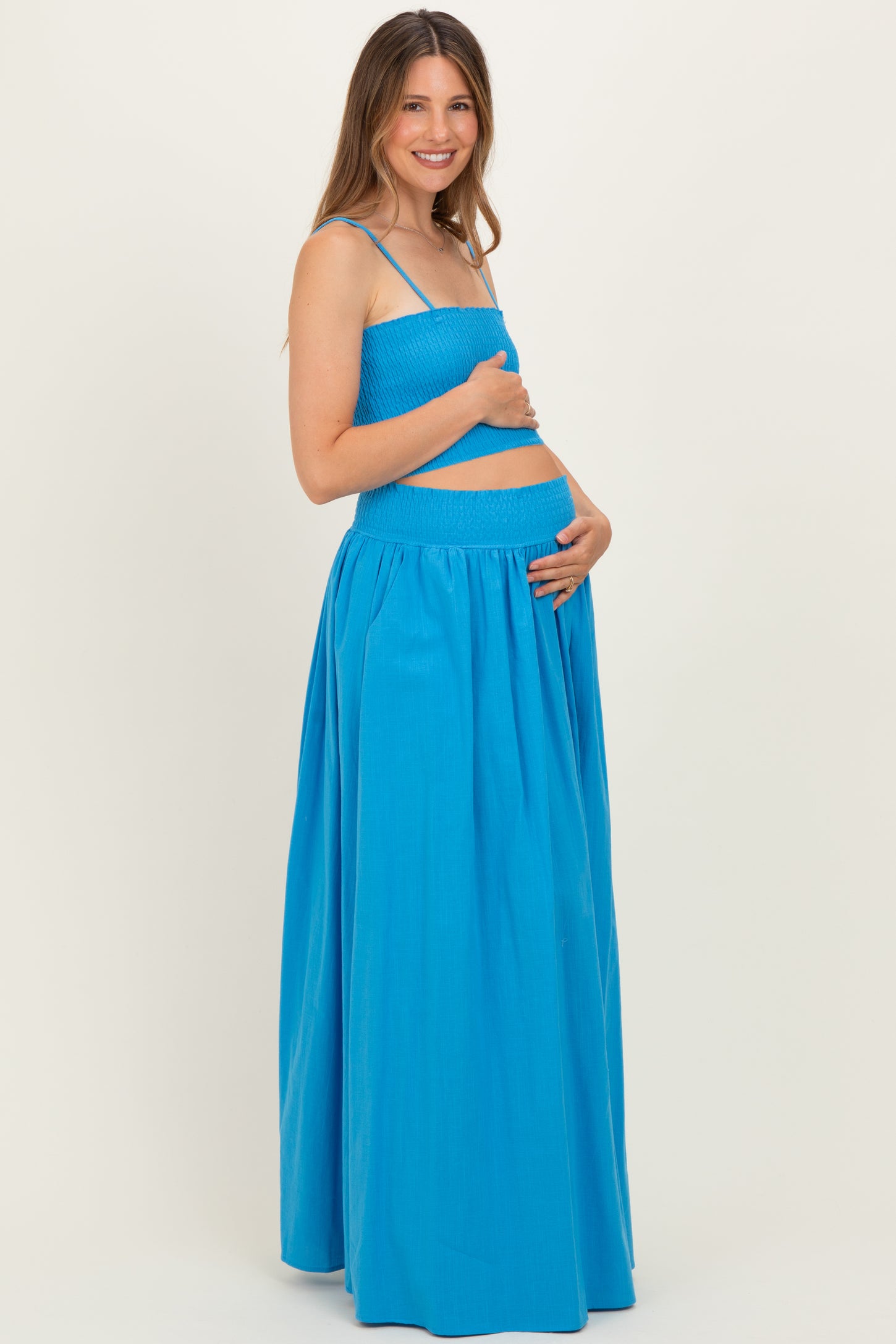 Blue Smocked Tank Maxi Skirt Maternity Set