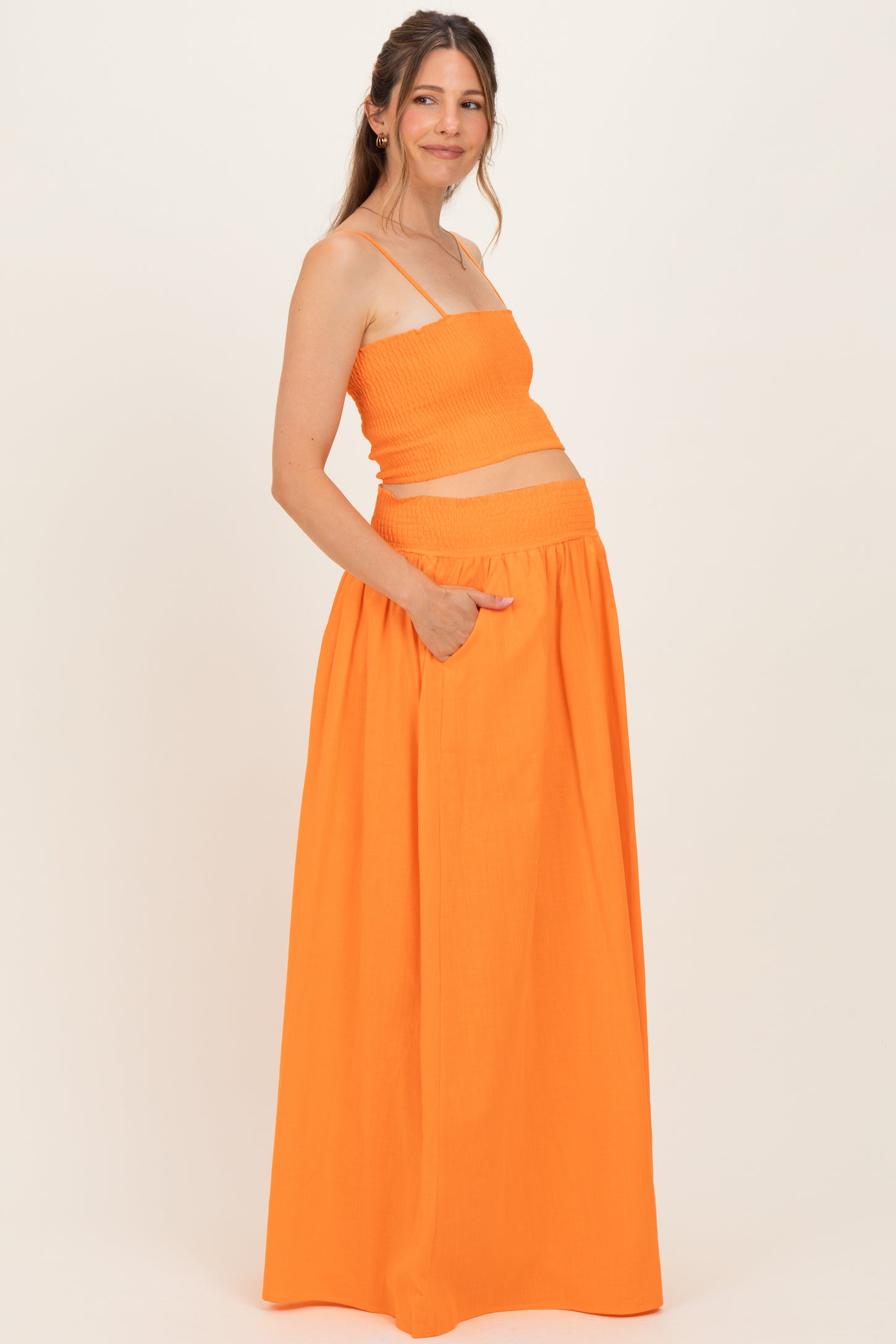 Orange Smocked Tank Maxi Skirt Maternity Set