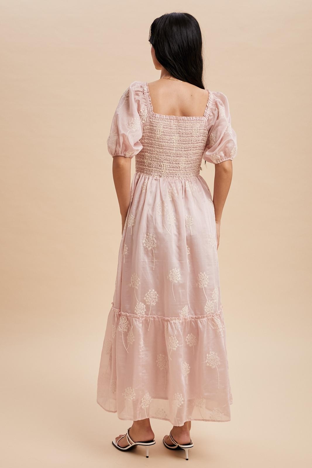 Light Pink Embroidered Floral Smocked Maxi Dress
