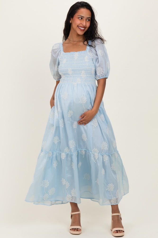 Light Blue Embroidered Floral Smocked Maternity Maxi Dress