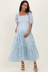 Light Blue Embroidered Floral Smocked Maternity Maxi Dress