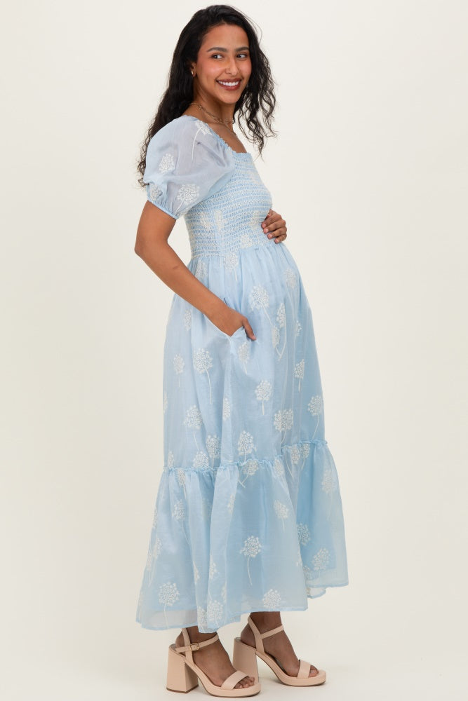 Light Blue Embroidered Floral Smocked Maternity Maxi Dress