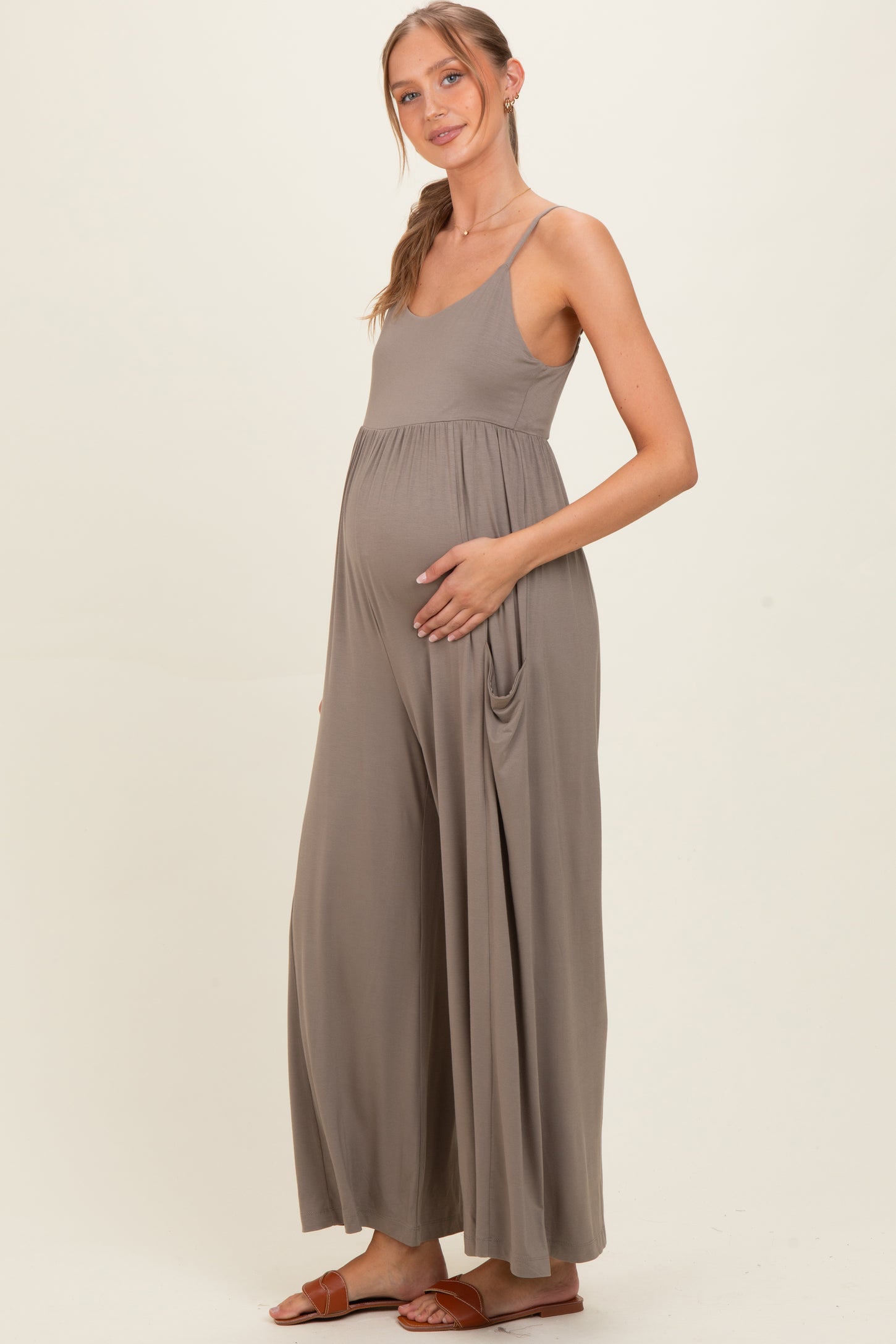 Moss Brown Sleeveless Wide Leg Maternity Jumpsuit