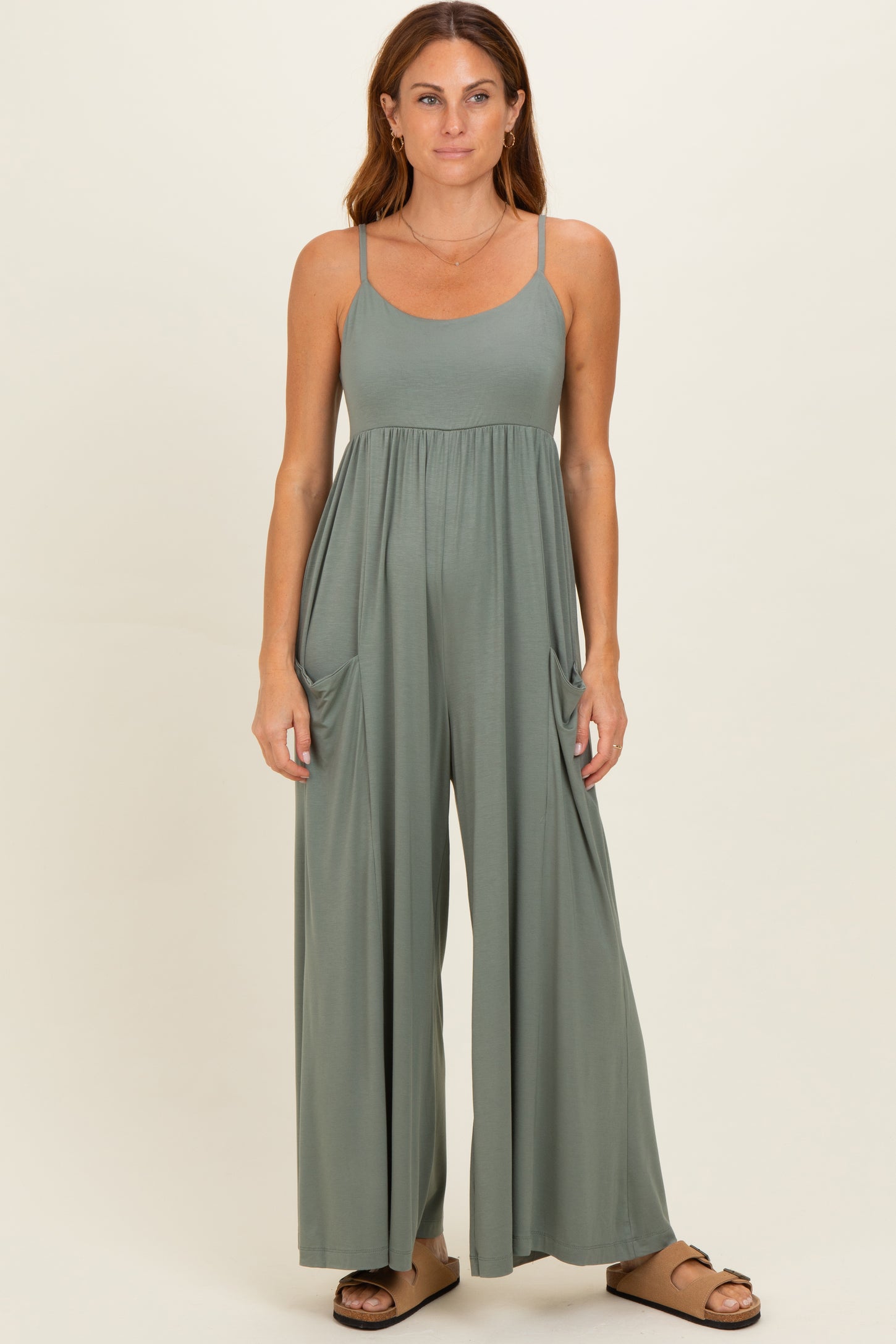 Green Pea Sleeveless Wide Leg Jumpsuit