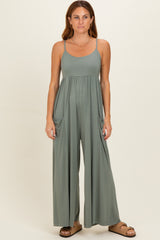 Green Pea Sleeveless Wide Leg Jumpsuit