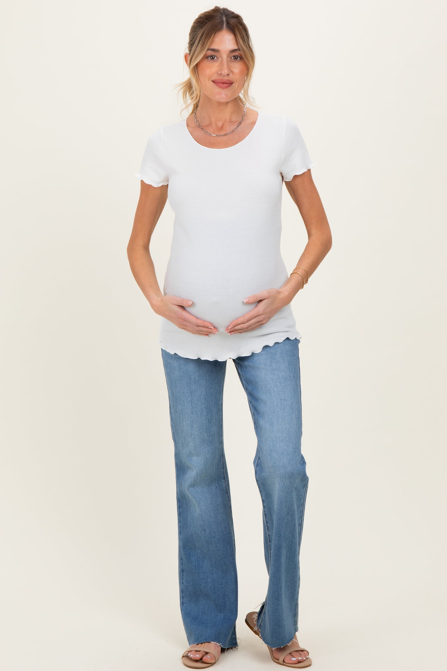 White Ruffle Edge Short Sleeve Maternity Top