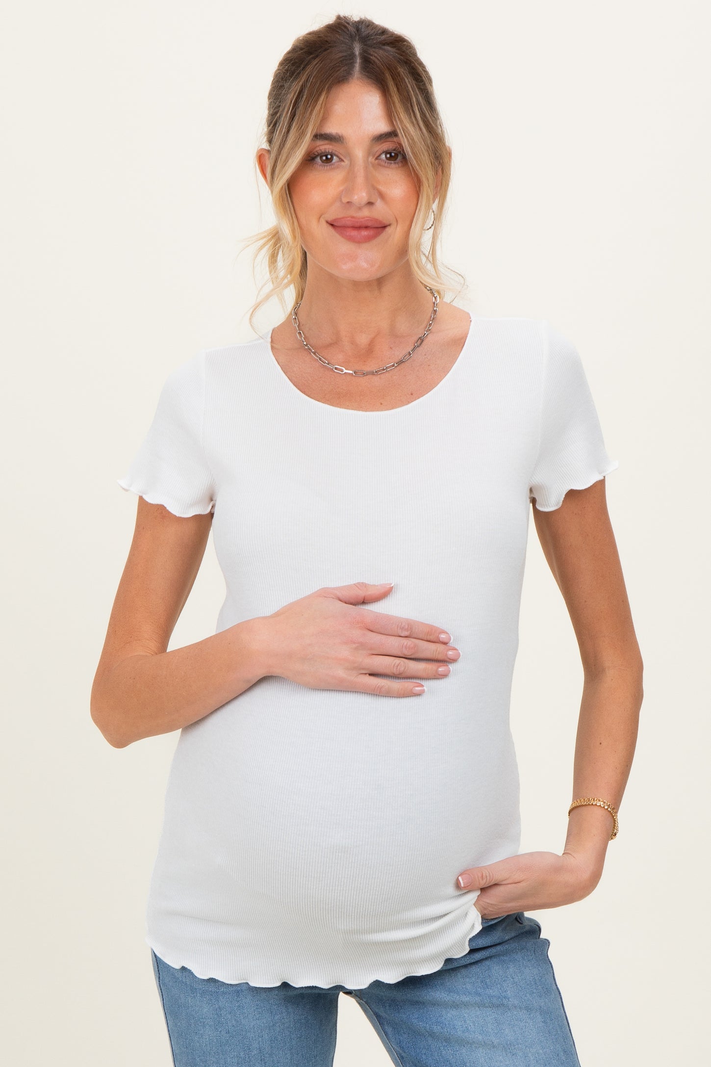 White Ruffle Edge Short Sleeve Maternity Top