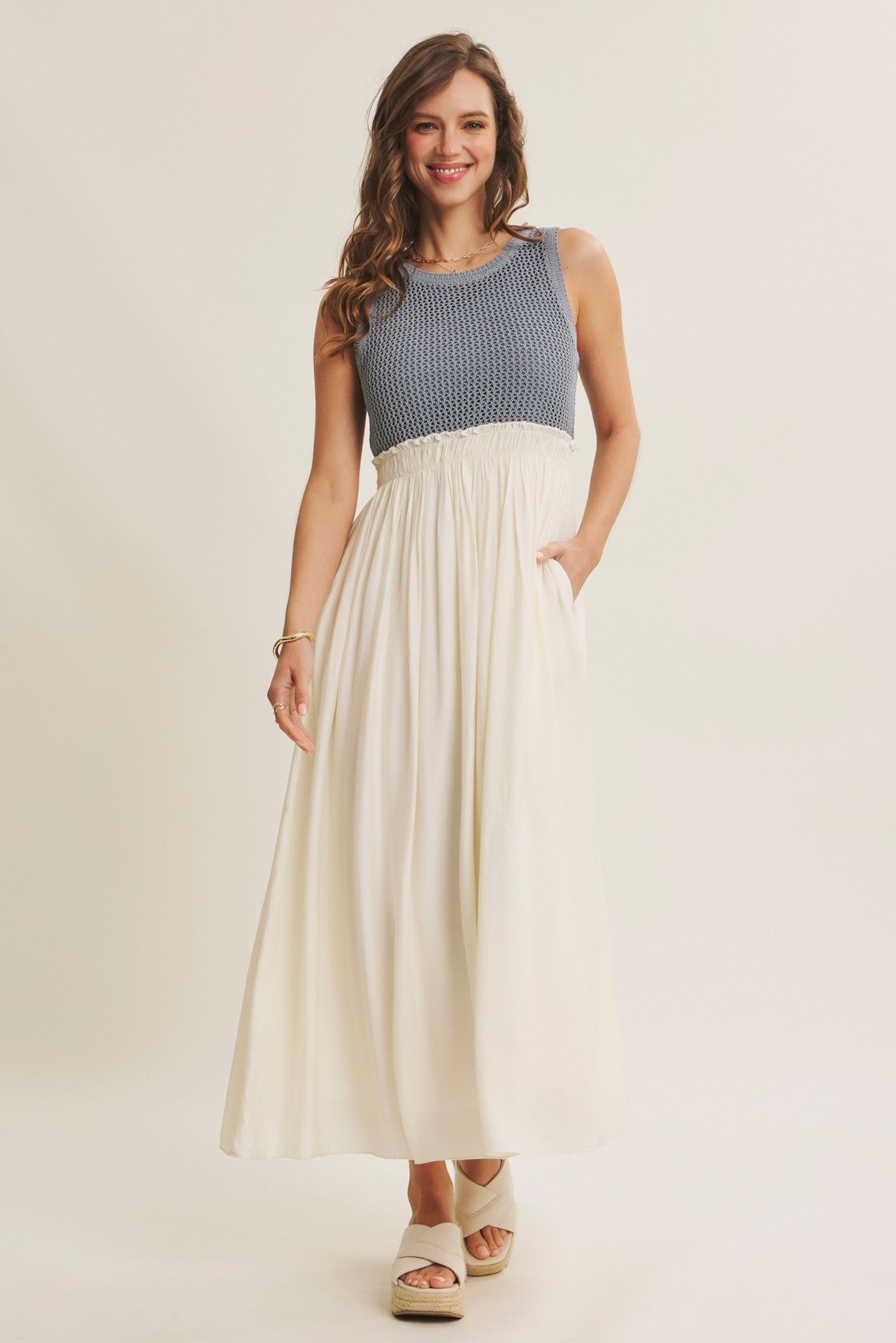 Dusty Blue Knit Bodice Contrast Skirt Maxi Dress