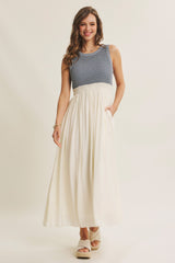 Dusty Blue Knit Bodice Contrast Skirt Maxi Dress