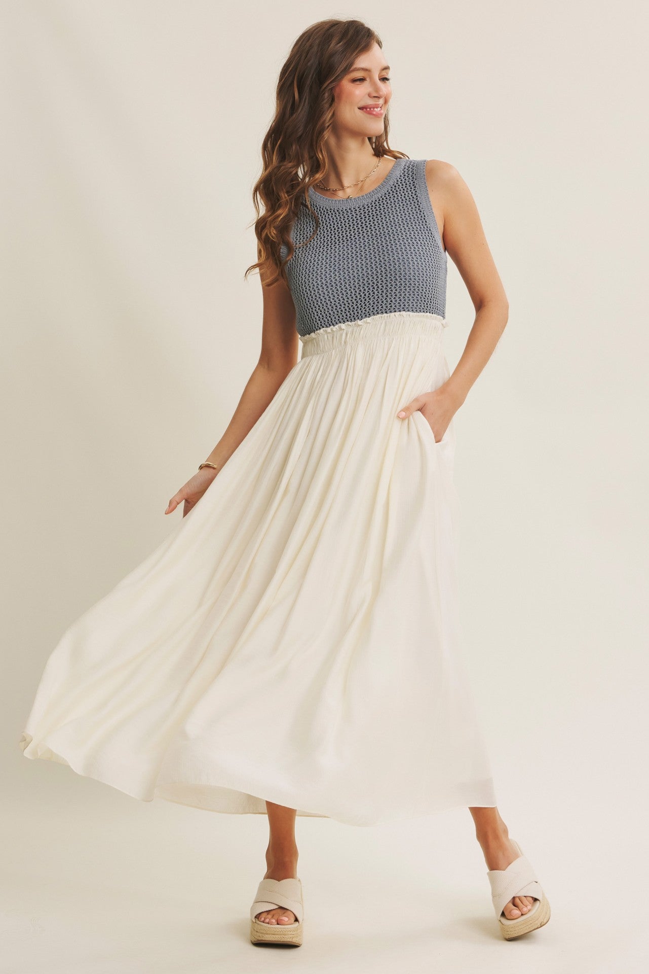 Dusty Blue Knit Bodice Contrast Skirt Maxi Dress