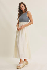 Dusty Blue Knit Bodice Contrast Skirt Maxi Dress