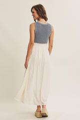 Dusty Blue Knit Bodice Contrast Skirt Maxi Dress