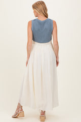 Dusty Blue Knit Bodice Contrast Skirt Maternity Maxi Dress