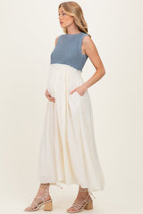 Dusty Blue Knit Bodice Contrast Skirt Maternity Maxi Dress