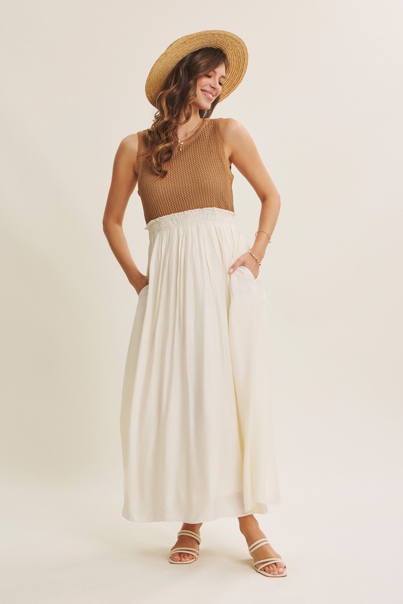 Mocha Knit Bodice Contrast Skirt Maxi Dress