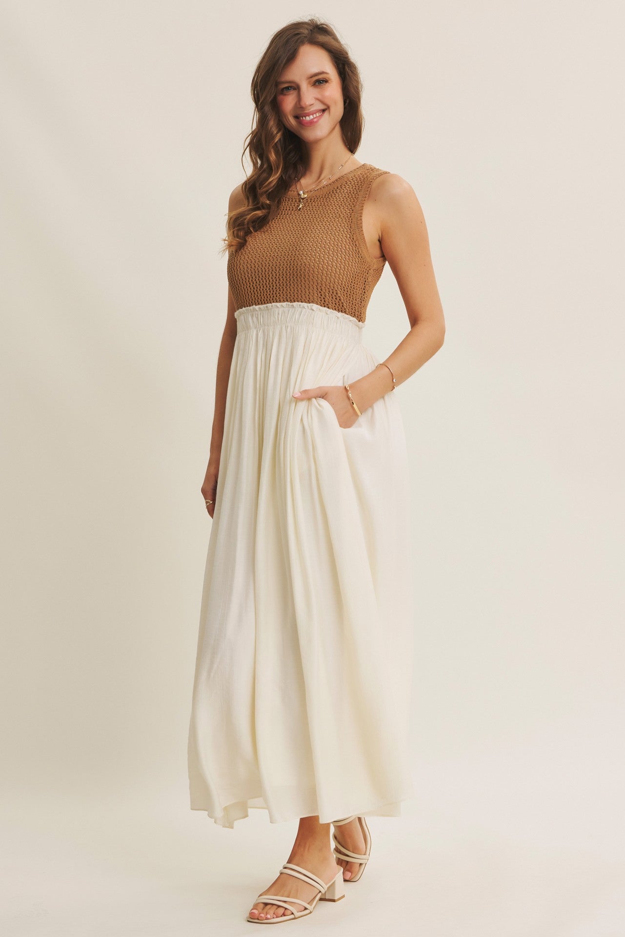 Mocha Knit Bodice Contrast Skirt Maxi Dress