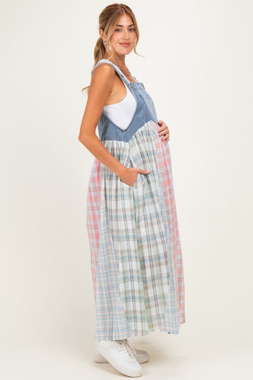 Multicolor Plaid Overall Maternity Maxi Dress