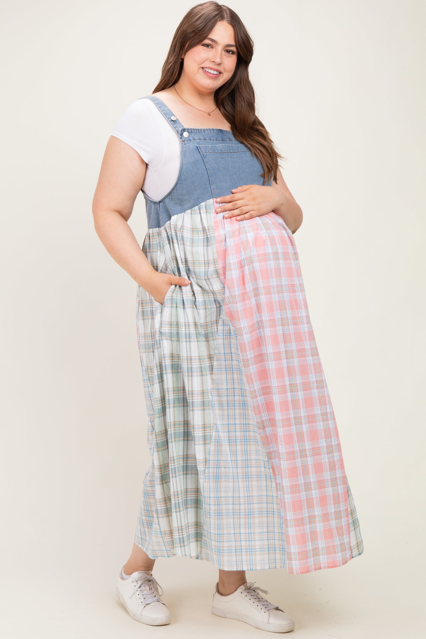 Multicolor Plaid Overall Maternity Plus Maxi Dress