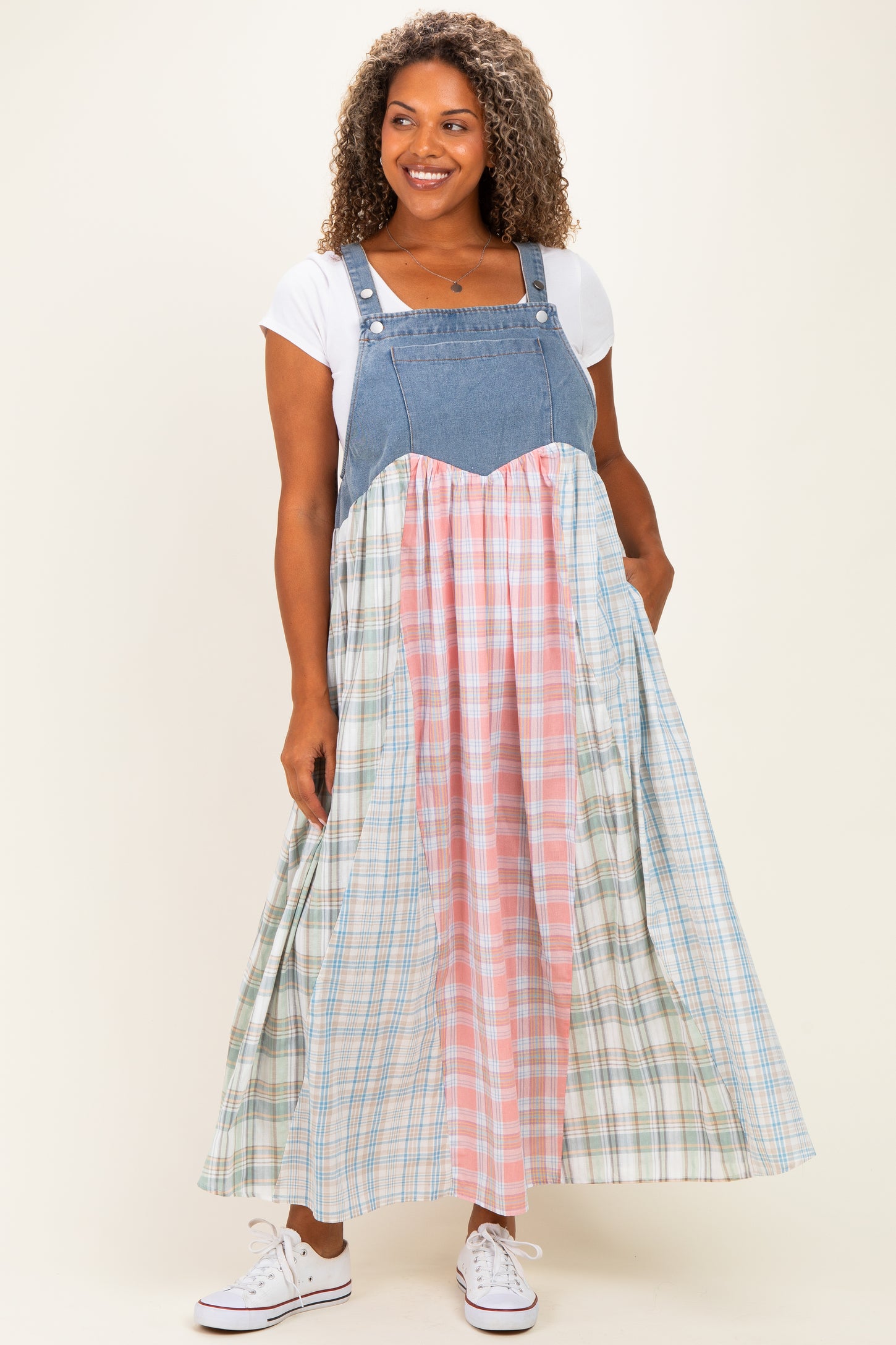 Multicolor Plaid Overall Maternity Plus Maxi Dress