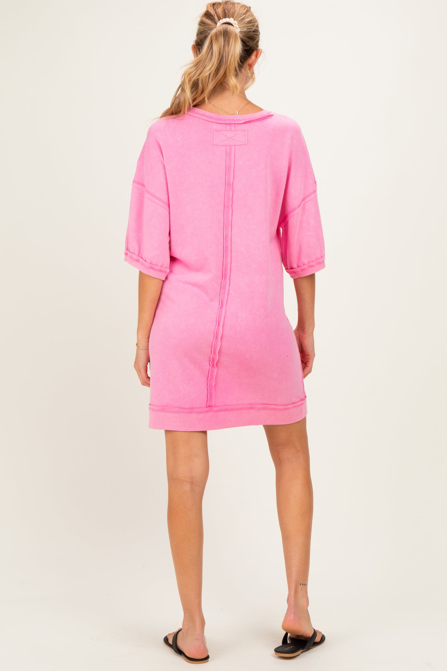 hot pink shirt dress Fuchsia Long Sleeve Button Short Sleeve Olivaceous Andrea Satin Shirt Dress