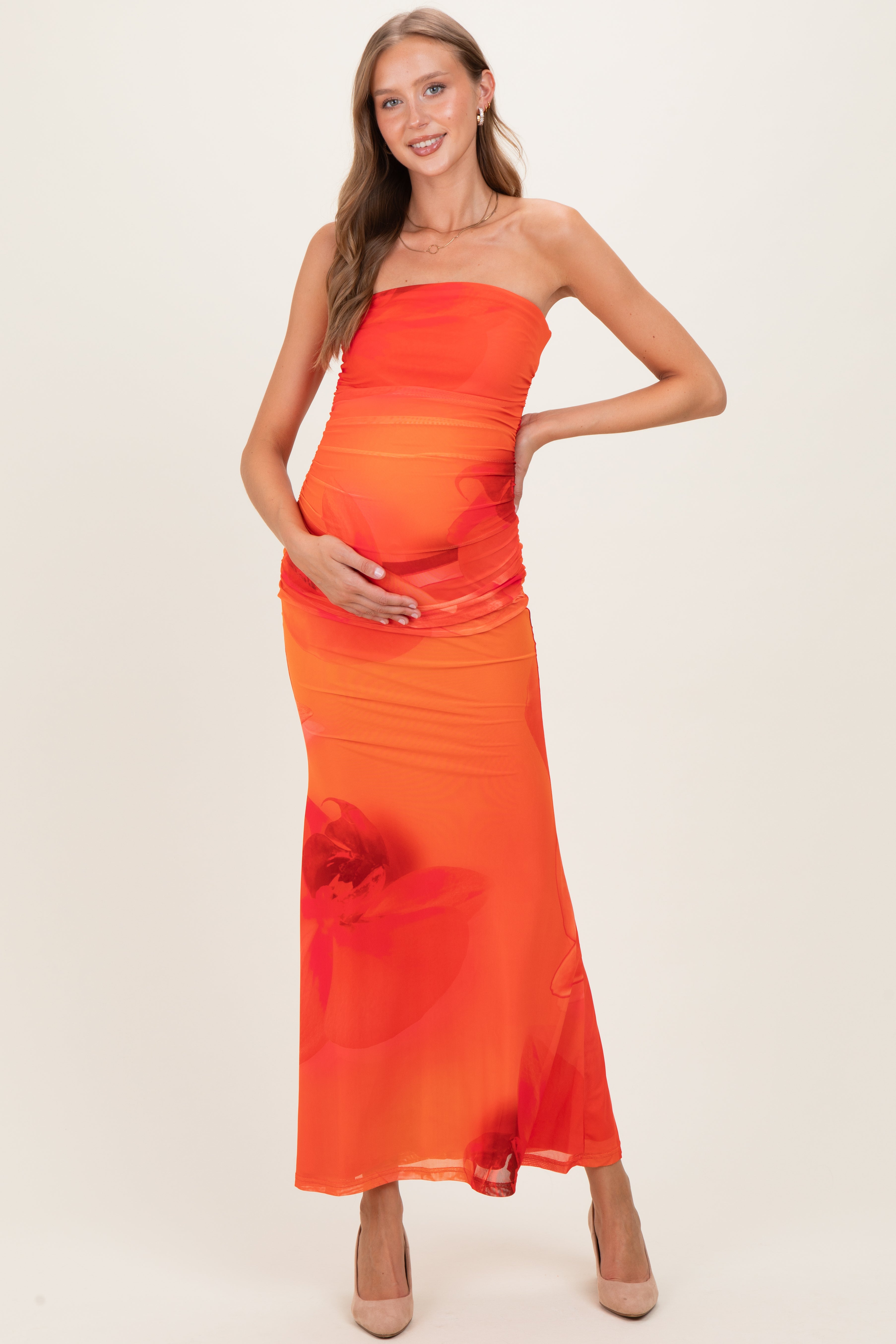 Orange Floral Strapless Cutout Back Maternity Maxi Dress