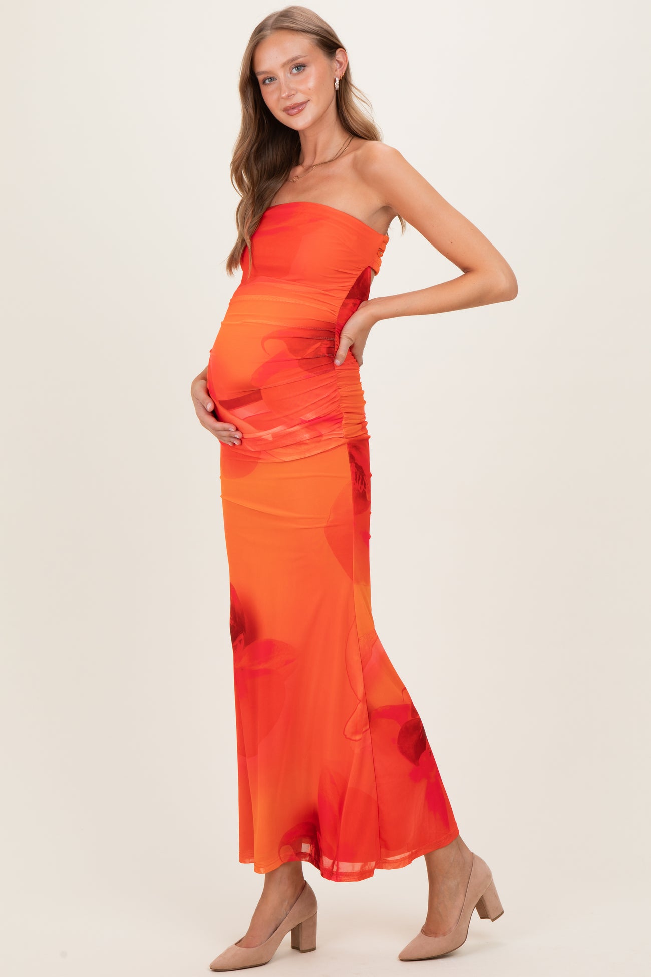 Orange Floral Strapless Cutout Back Maternity Maxi Dress – PinkBlush