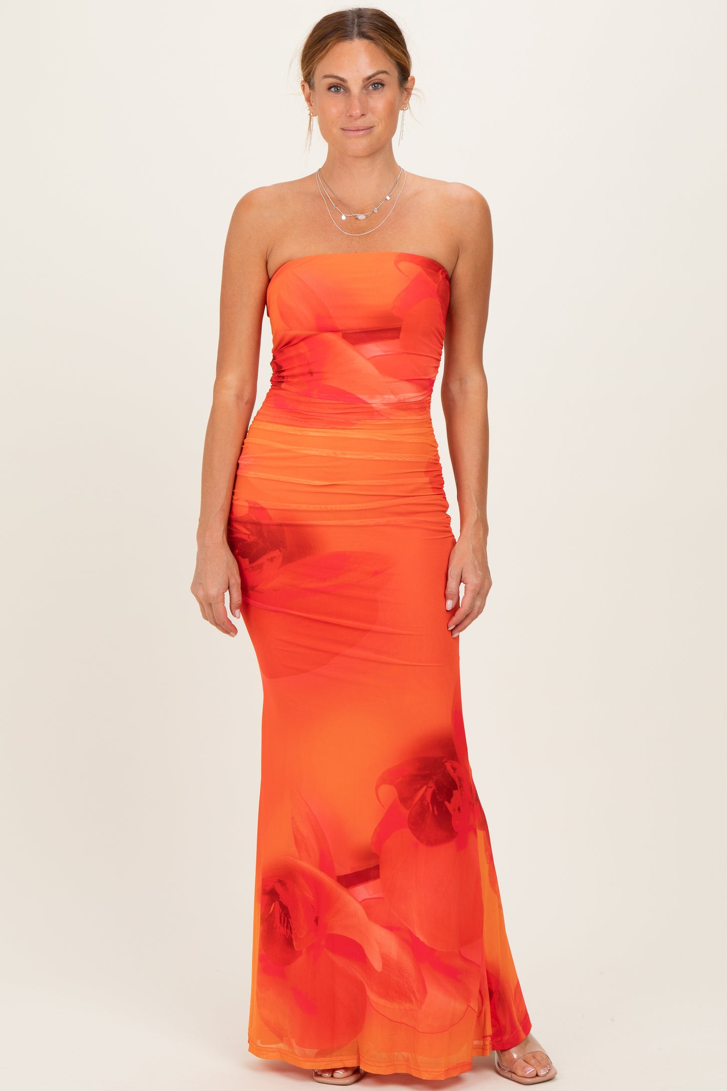 strapless orange maxi dress Orange Floral Strapless Cutout Back Maternity Maxi Dress