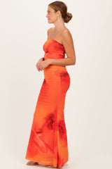 Orange Floral Strapless Cutout Back Maxi Dress