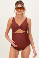 Brown Ruched Sides Front Cutout Maternity One Piece Swimsuit