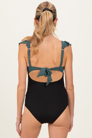 Olive Two Tone Ribbed Front Tie Cutout Ruched Maternity Swimsuit