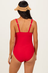 Red Scalloped Cutout Ruched One Piece Swimsuit