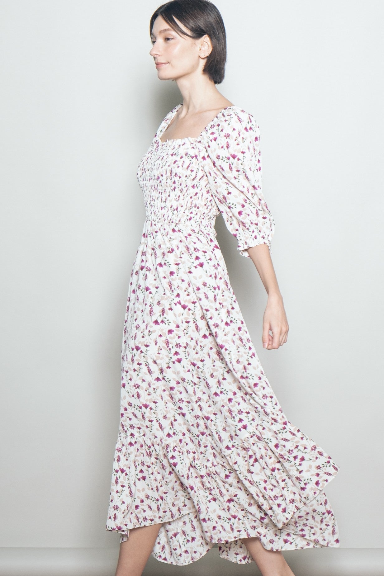 Cream Floral Smocked Handkerchief Hem Maxi Dress