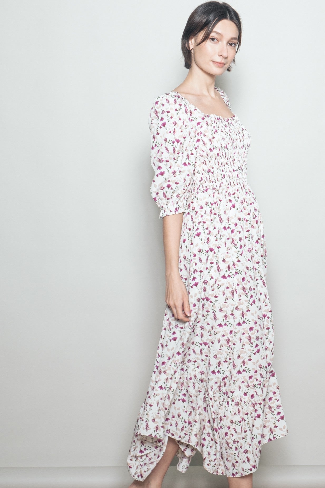 Cream Floral Smocked Handkerchief Hem Maxi Dress