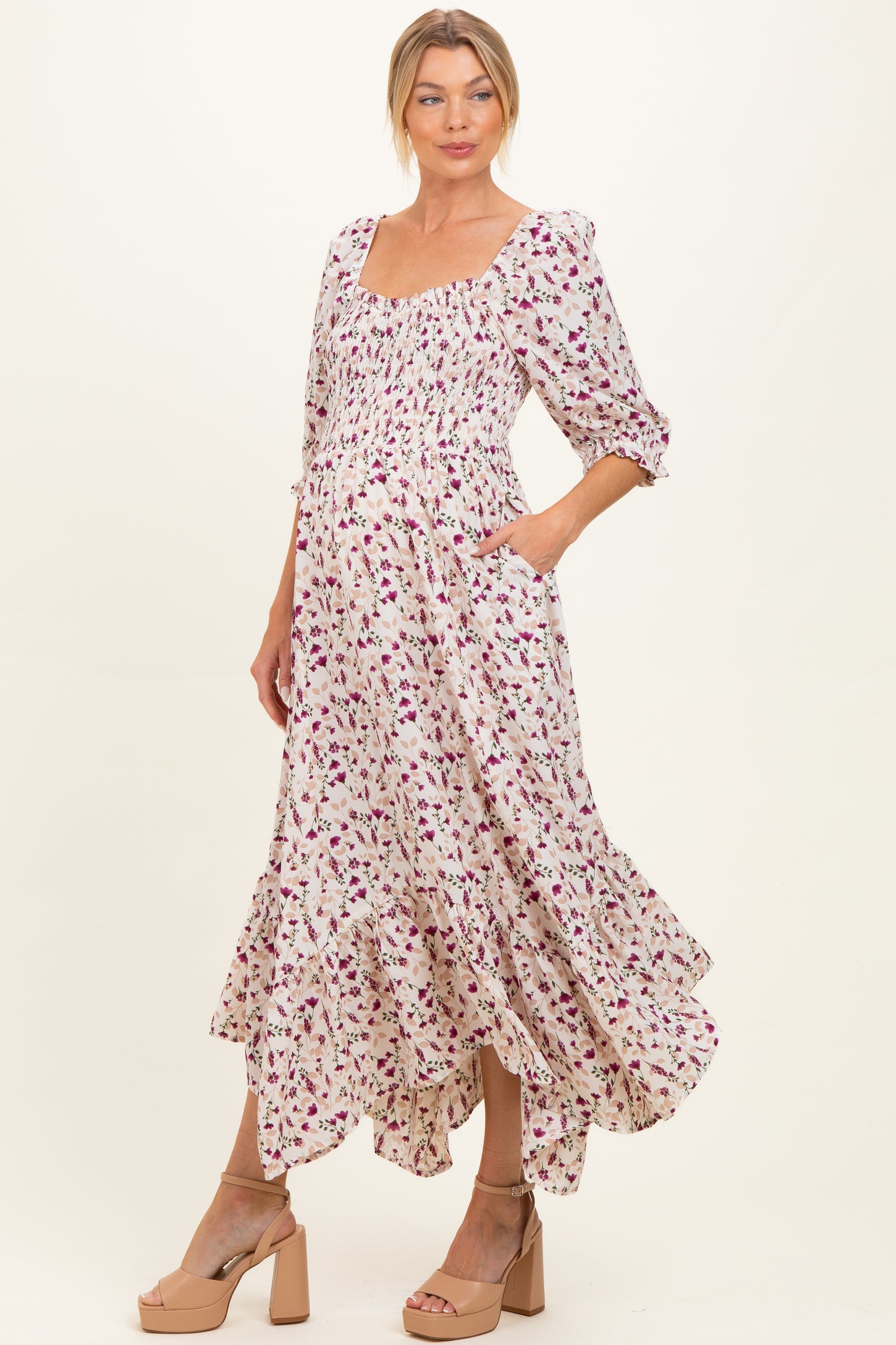 Cream Floral Smocked Handkerchief Hem Maternity Maxi Dress